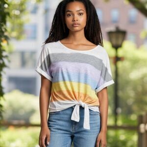 Democracy Women's XS Rainbow Striped Tie-Front Blouse Casual Top